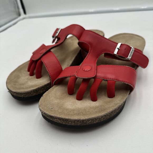 Wellrox Women's Sz 9 Cloud Sandals Red Leather Toe Separator Ergonomic Comfort - Picture 1 of 7